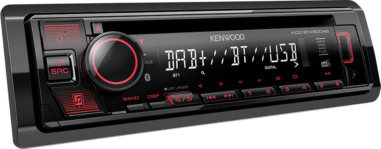 Autoradio-Display mit roten Leuchtelementen, zeigt 'DAB+ / BT / USB'. Enthält Bedienelemente für Lautstärke und Sender.