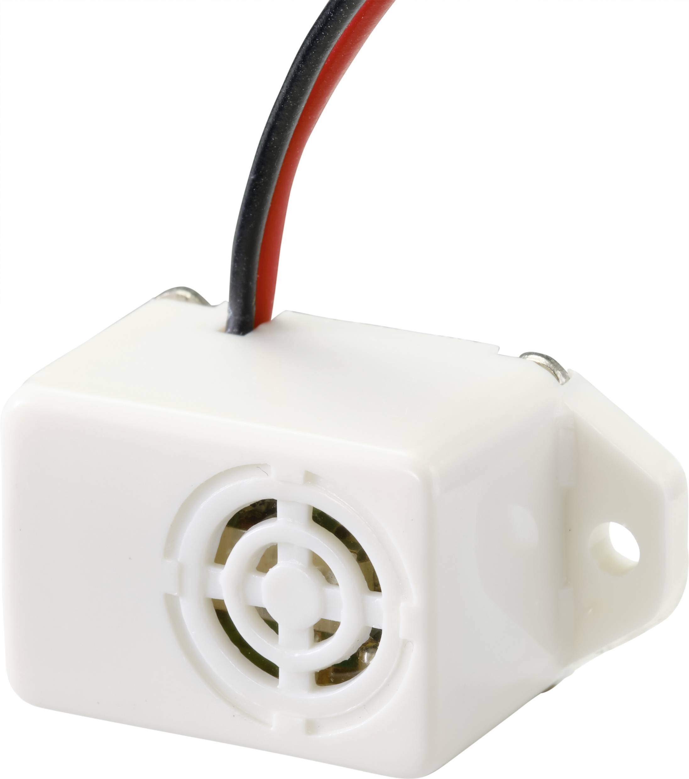 Ein kleiner, weißer elektrischer Summer mit zwei Kabeln (rot und schwarz) zur Spannungsversorgung. Hauptsächlich für akustische Signale.