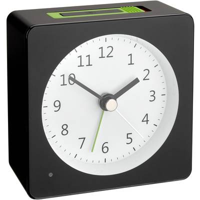 Ein schwarzer Wecker mit analogem Zifferblatt zeigt 10:10 Uhr an. Oben befindet sich ein grüner Schalter.