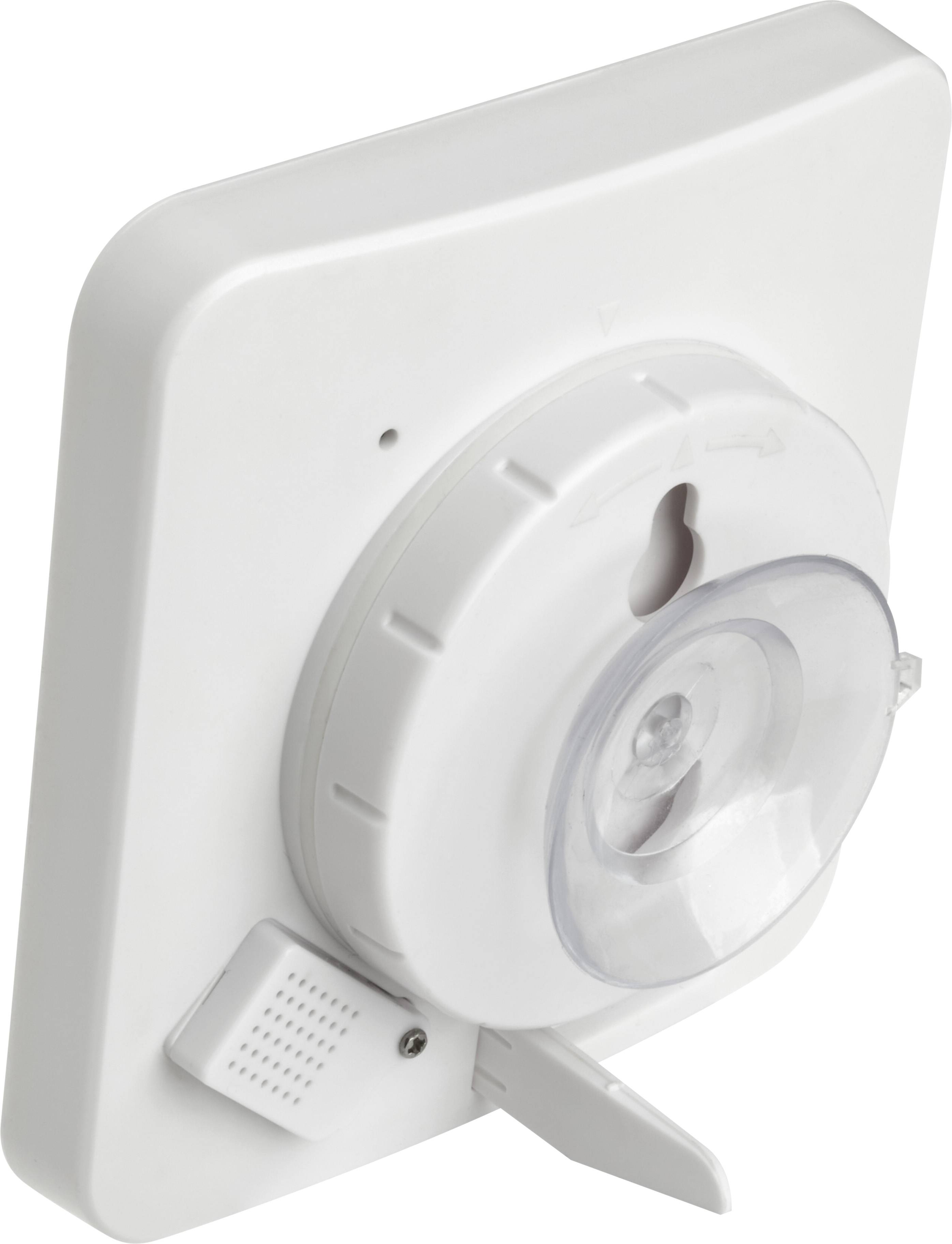 Weißer quadratischer Thermometer mit Aufhängung und Standfuß. Zeigt Temperatur über digitalen Bildschirm an. Geeignet für Innenräume.