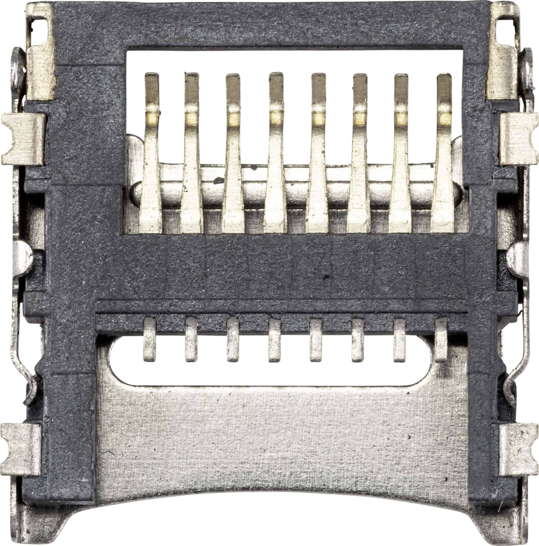 Nahaufnahme eines Netzwerkkabel-Steckverbinders mit sichtbaren Metallkontakten und schwarzem Kunststoffgehäuse.