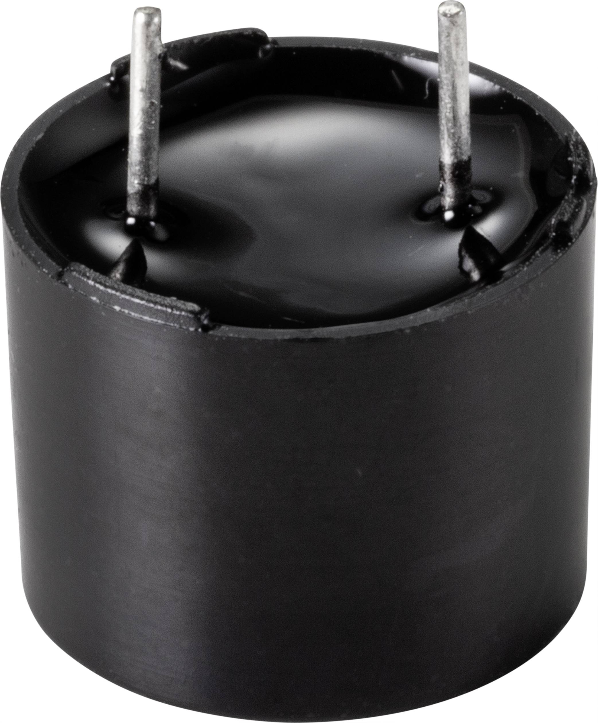 Schwarzer zylindrischer Piezo-Summer mit zwei Metallstiften. Verwendet zur Tonerzeugung in elektronischen Geräten.