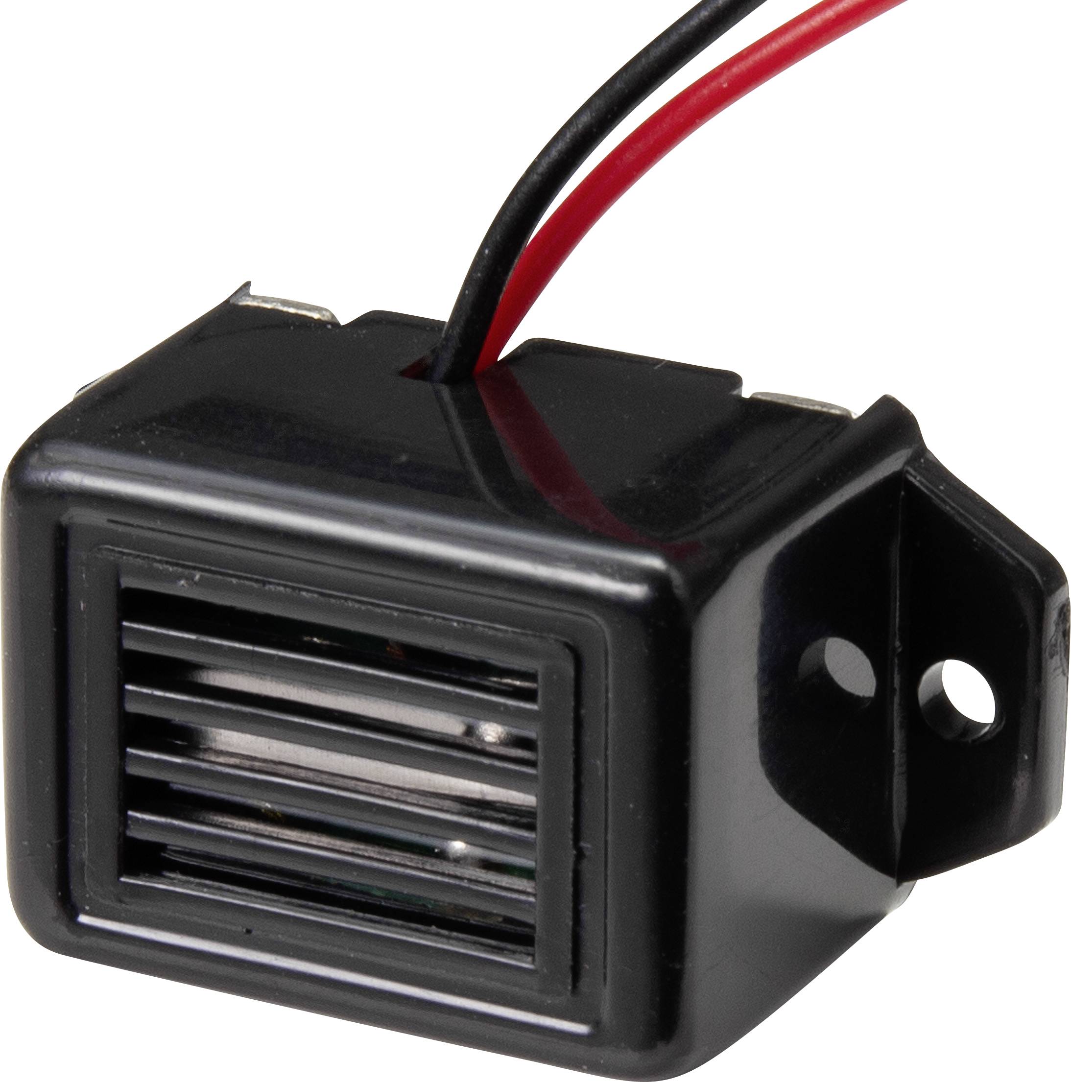 Schwarzer, rechteckiger elektronischer Signalgeber mit zwei Kabeln, einer rot, einer schwarz. Verwendet für akustische Signale in Geräten.