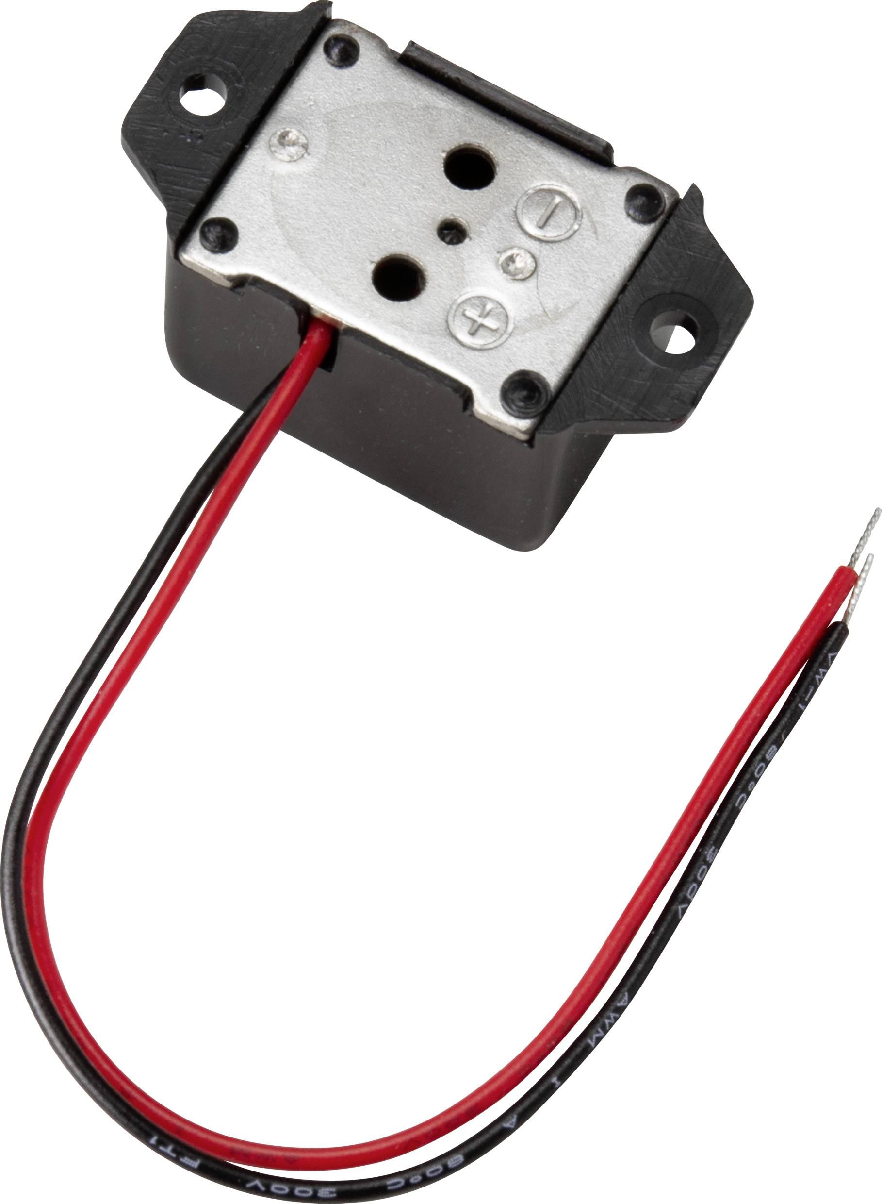 'Ein elektrischer Transformator mit zwei Kabeln, rot und schwarz, für Stromanschlüsse. Er hat eine metallene Frontplatte und Befestigungslöcher.'