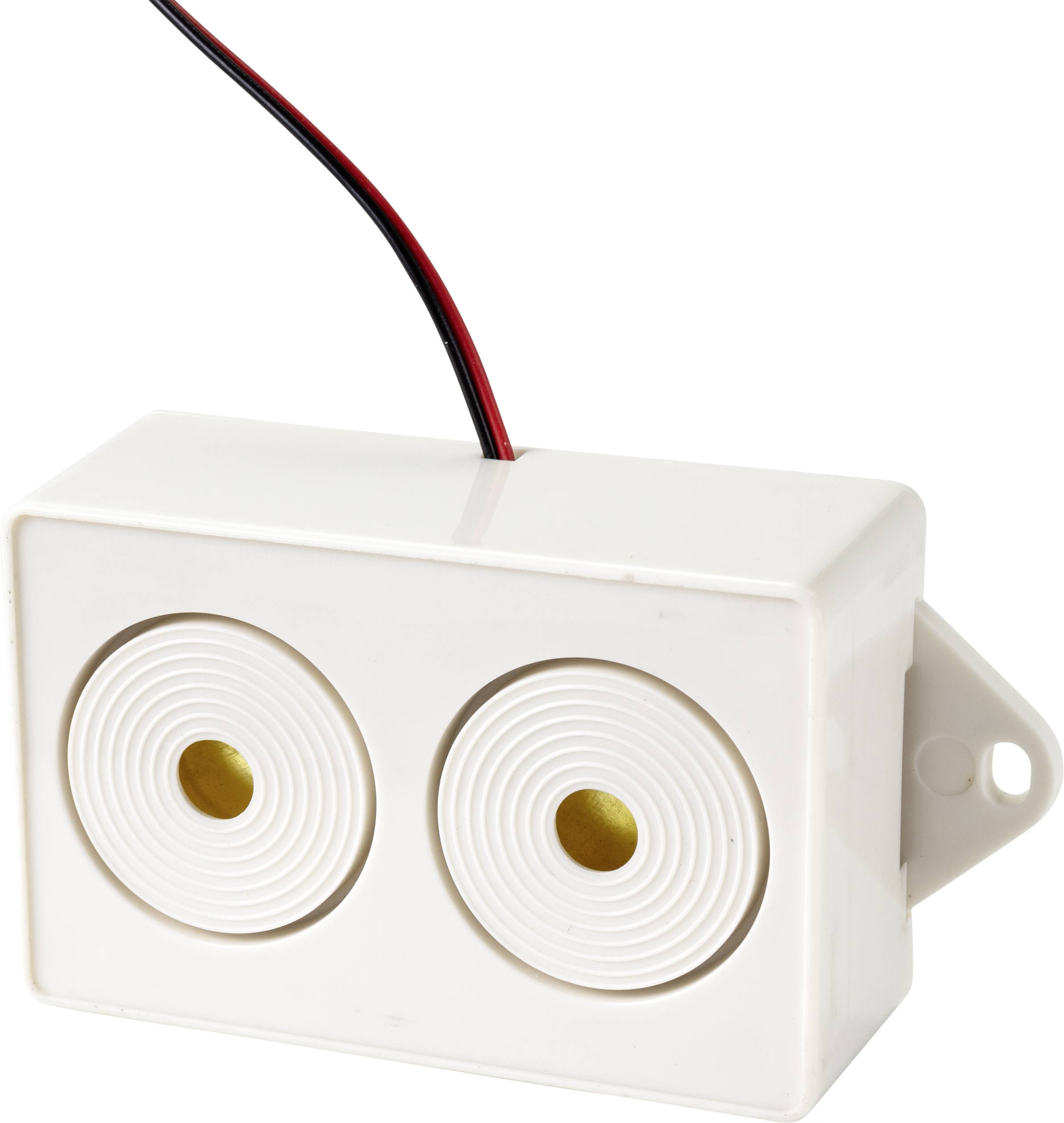 Ein rechteckiger, weißer Sensor mit zwei runden Öffnungen und zwei herausragenden Drähten zur Verbindung.