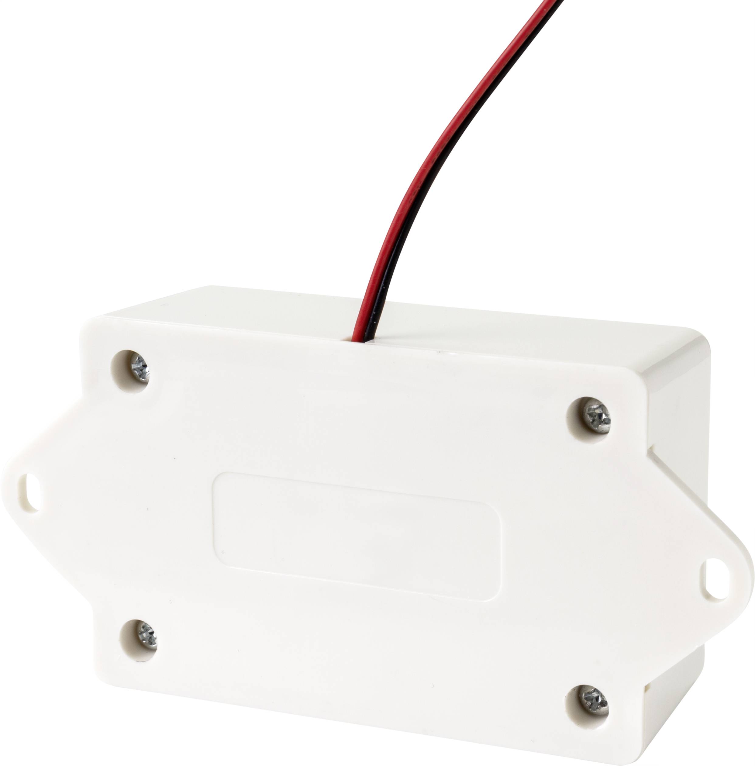 Ein rechteckiges, weißes Kunststoffgehäuse mit abgerundeten Ecken und einem herausragenden Kabel.