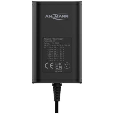 Schwarzes Netzgerät der Marke Ansmann, Modell APS 300. Technische Spezifikationen und Zertifizierungen aufgedruckt, einschließlich CE-Kennzeichnung.
