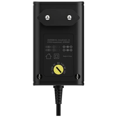 Schwarzes Netzteil mit einstellbarer Spannung von 3V bis 12V. Markenname und Fertigungsort sind aufgedruckt.
