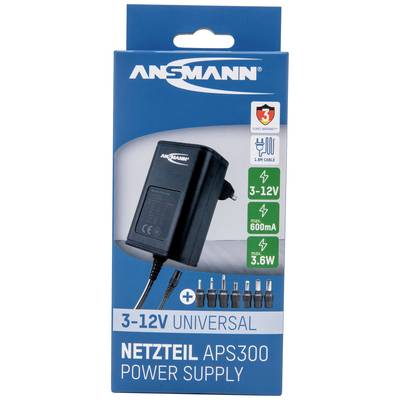 Schachtel mit Ansmann APS300 Netzteil, 3-12V, 600mA, inklusive Kabel und sieben Adaptern, 3 Jahre Garantie hervorgehoben.