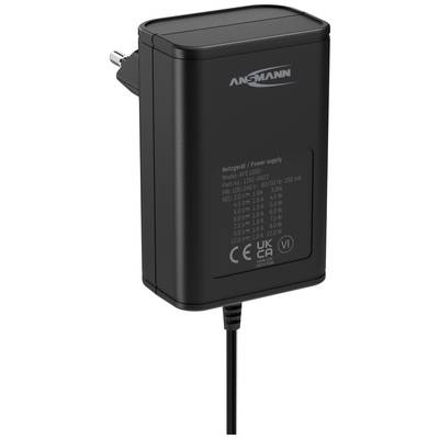 Ein schwarzes Netzteil mit EU-Stecker von Ansmann, Modell APS 1000. Aufschrift zeigt Detailinformationen zu Leistung und Sicherheit.