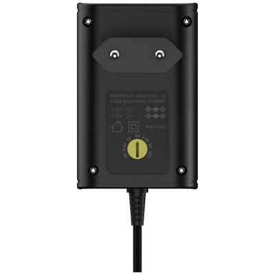 Ein schwarzes elektronisches Ladegerät mit einem gelben Schalter in der Mitte und Anschlusskabel unten.