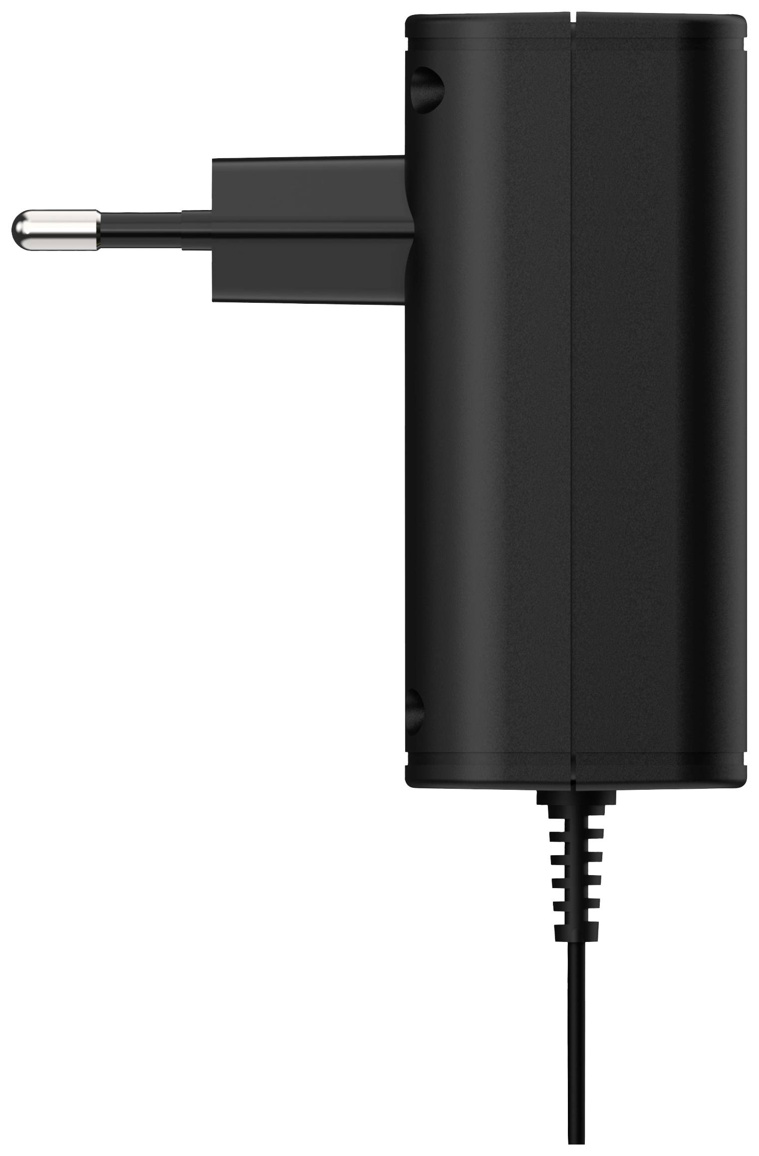 Schwarzes Netzteil mit EU-Stecker, seitliche Ansicht. Ein angestecktes Kabel zeigt nach unten.
