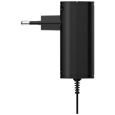 Schwarzes Netzteil mit EU-Stecker, seitliche Ansicht. Ein angestecktes Kabel zeigt nach unten.