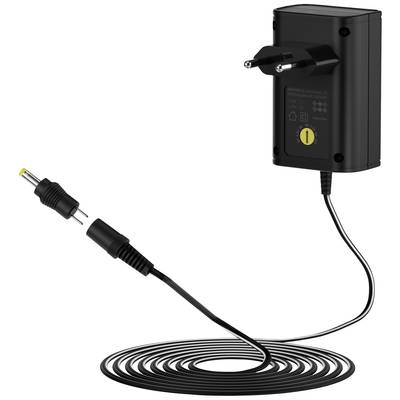 Schwarzes Steckernetzteil mit gelbem Ring an der Spitze des Kabels, geeignet für den Anschluss an elektronische Geräte.