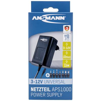 Blau-weiße Verpackung für ein universelles Netzteil 'APS1000'. Zeigt Steckeradapter, Spannungseinstellungen (3-12V) und Stromstärke (1000mA).