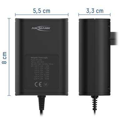 Netzteil von Ansmann mit Abmessungen: 8 cm Höhe, 5,5 cm Breite, 3,3 cm Tiefe. Zeigt zwei Ansichten: Vorder- und Seitenansicht.