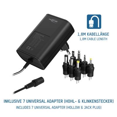 Netzadapter mit sieben verschiedenen Steckaufsätzen und 1,8 m Kabel für vielseitige Anwendungsmöglichkeiten.