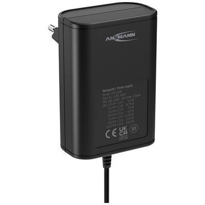 Schwarzes Netzteil mit Modellnummer APS 1000, mehreren Ausgangsspannungen und Stromstärken. CE- und UKCA-Kennzeichnung sichtbar.