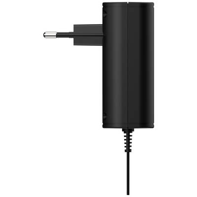 Ein schwarzes Ladegerät im Profil mit europäischem Stecker und Kabel, präsentiert vertikal mit Blick auf die rechte Seite.