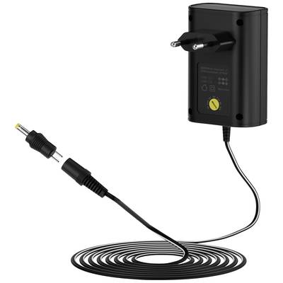 Ein schwarzes Ladegerät mit einem Steckerkabel und einem austauschbaren Steckeradapter.