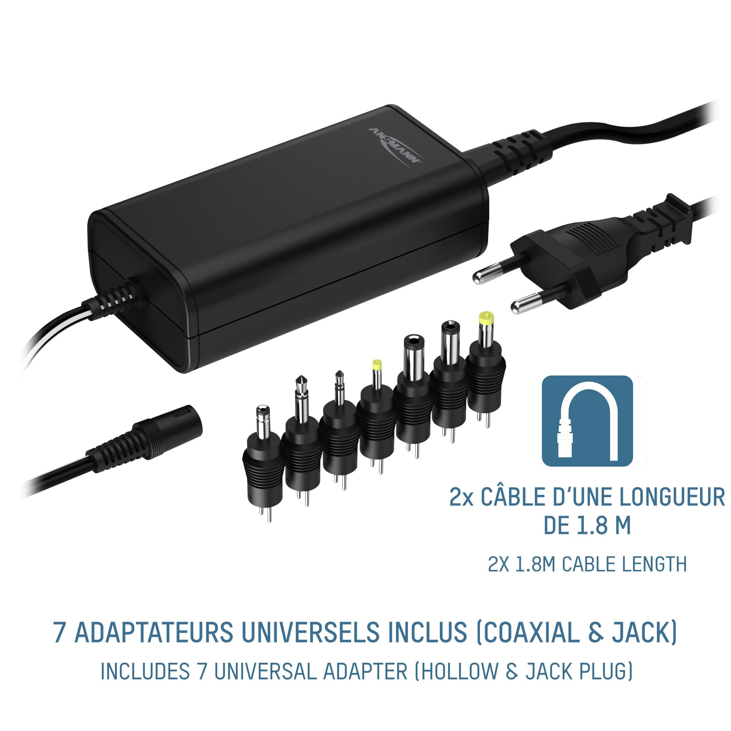 Ein schwarzes Netzteil mit Kabel und sieben verschiedenen Adaptern. Aufschrift: '7 universelle Adapter enthalten (hohl und Stecker)'.