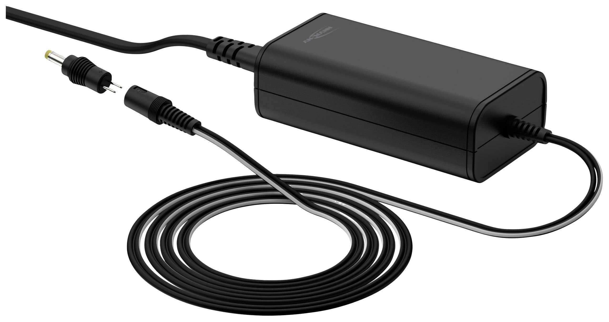Schwarzes Netzteil mit Kabel, das in zwei Teile endet: ein größerer und ein kleinerer Stecker. Entworfen für elektronische Geräte.