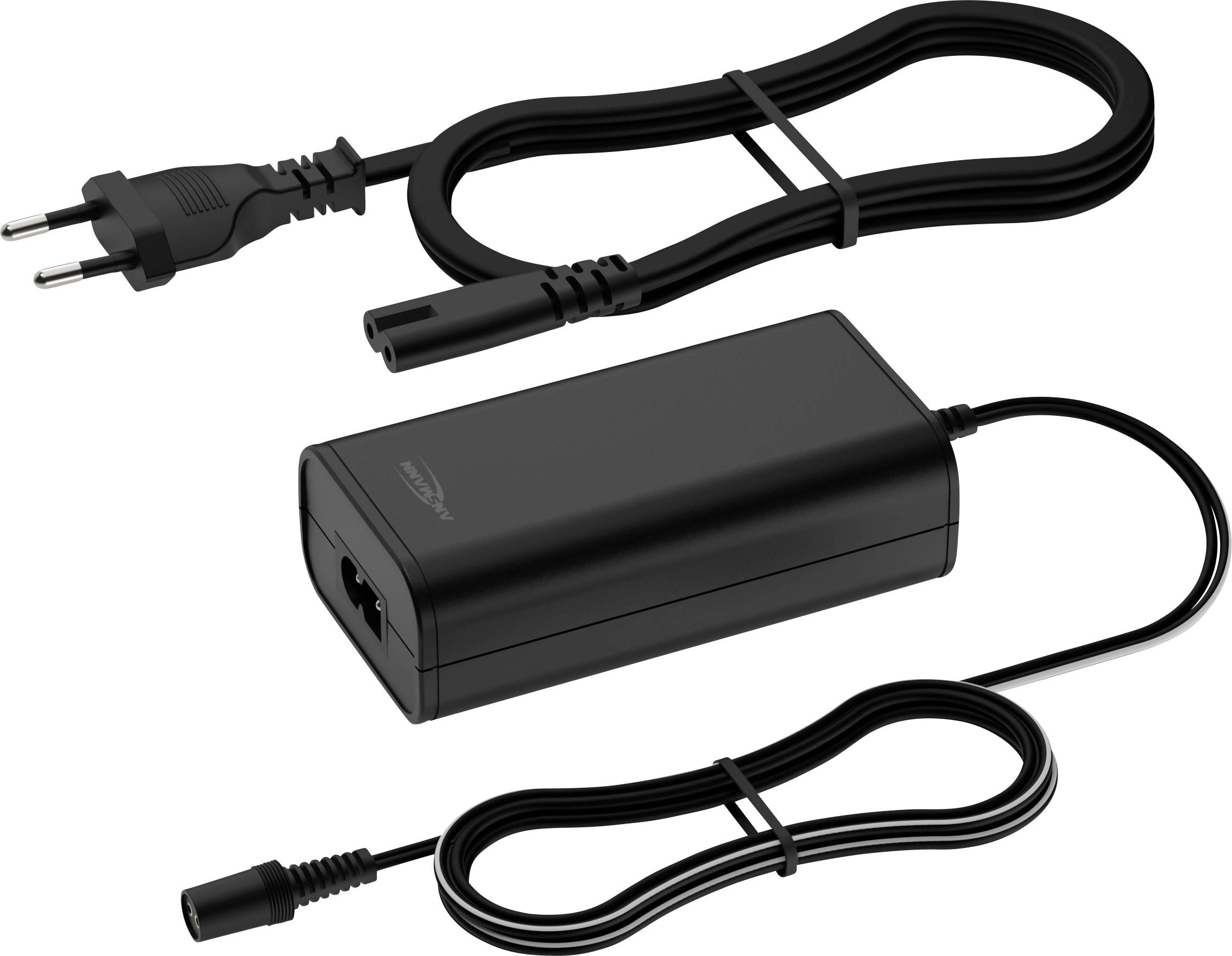 Schwarzes Netzteil mit zwei Kabeln; eines endet in einem Eurostecker, das andere mit einem runden Anschluss.