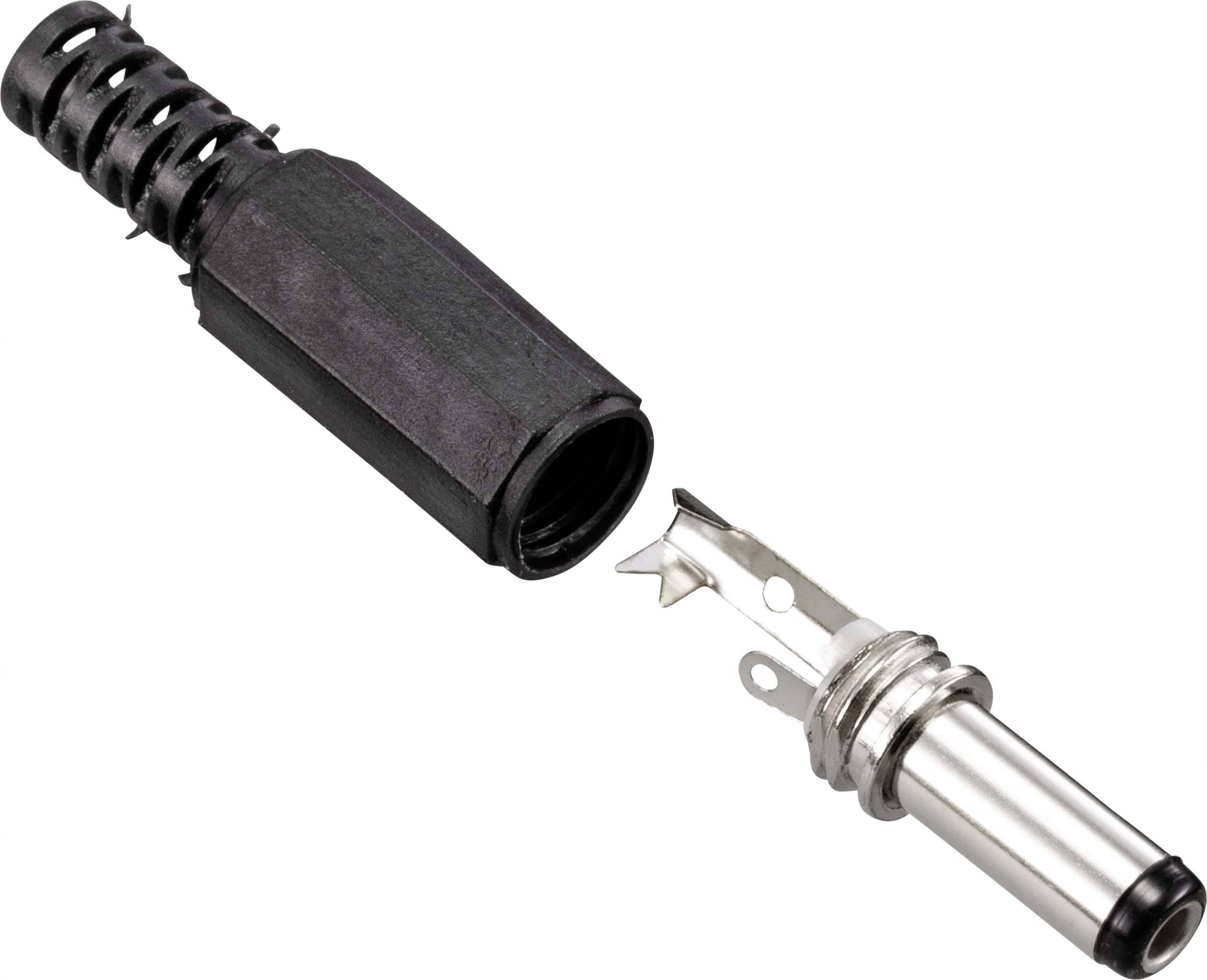 Ein auseinandergebauter Adapterstecker mit Kunststoffhülle links und Metallspitze rechts, zeigt interne Verbindungsteile.