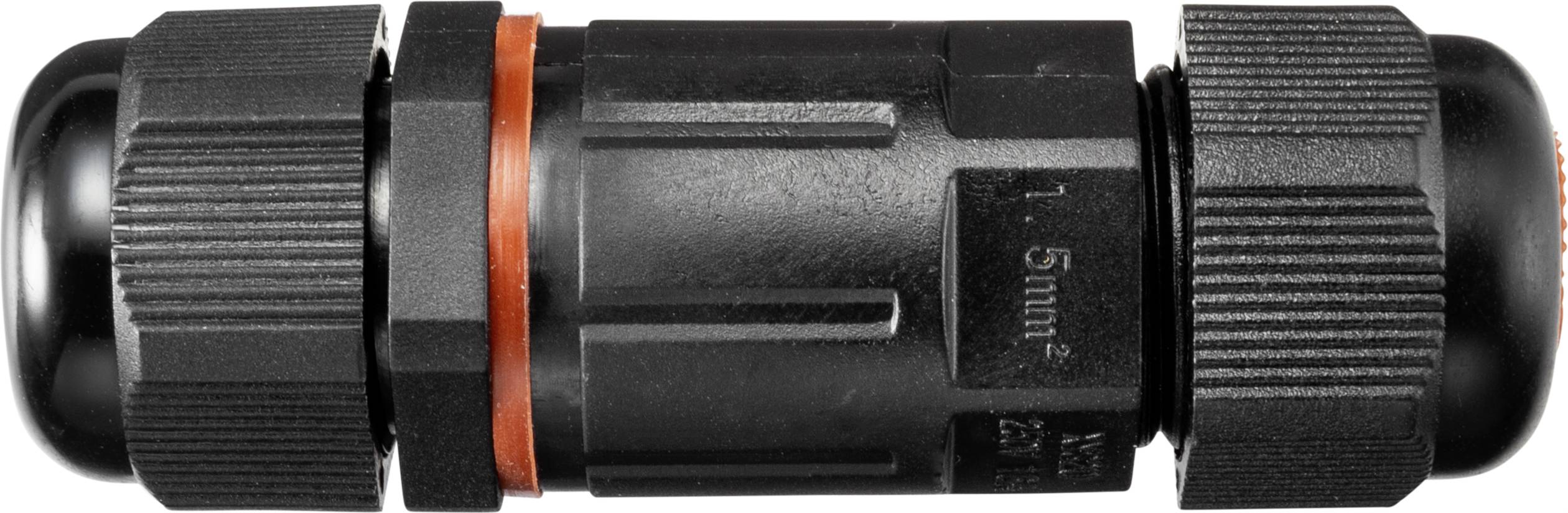 Schwarze Kabelverbinder mit geriffeltem Griff und roten Akzenten. Geeignet für Kabel bis 1,5 mm². Aus Kunststoff gefertigt.