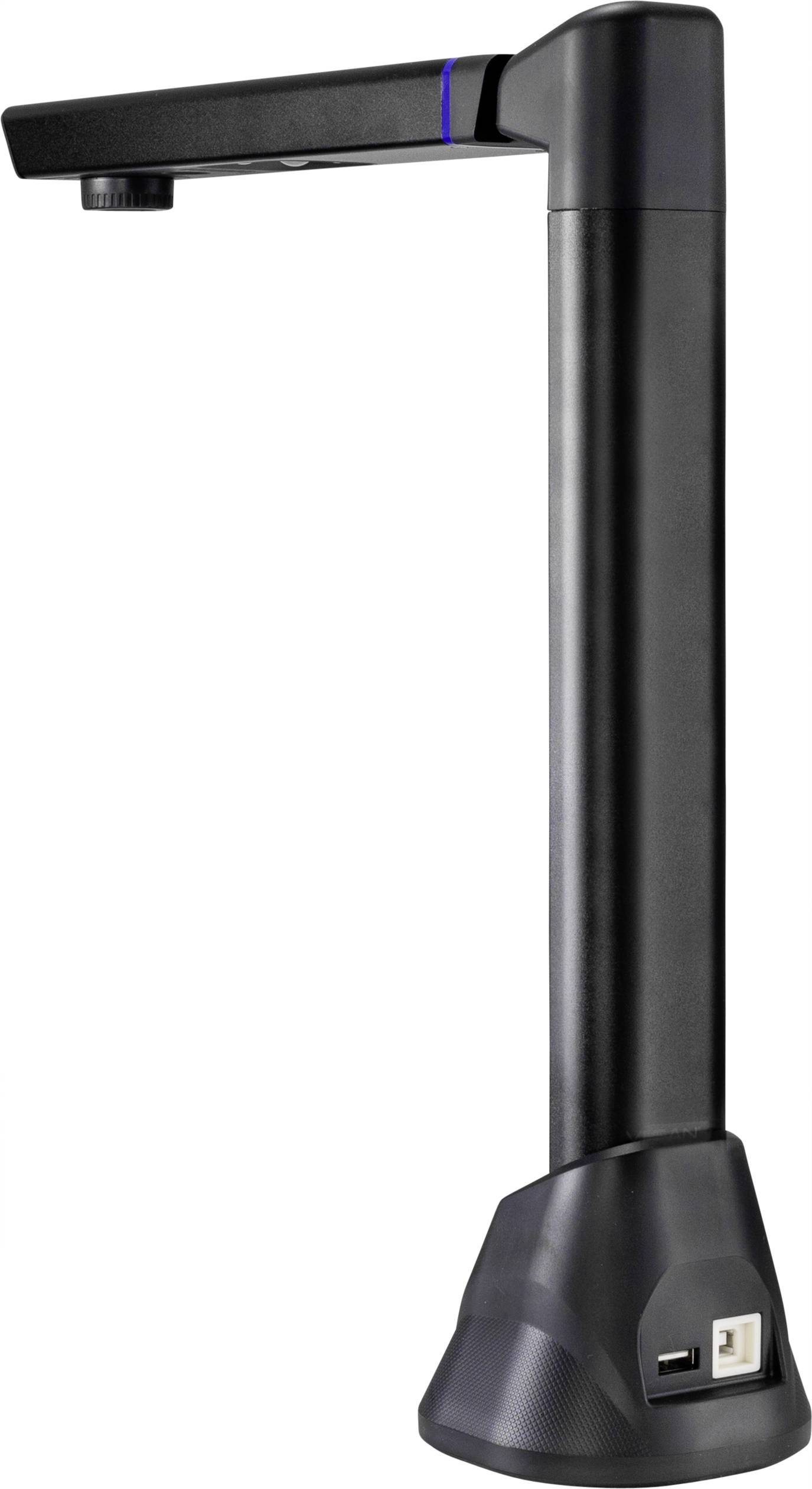 Ein schwarzer Dokumentenscanner mit einem flexiblen Arm und einer Kameralinse am oberen Ende.
