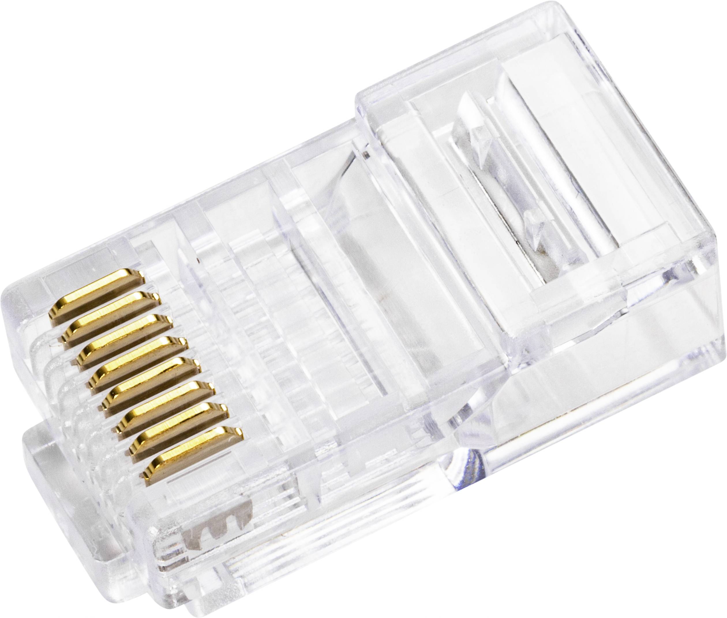 Ein transparentes RJ45-Netzwerkstecker ohne angeschlossenes Kabel, zeigt deutliche goldene Kontakte für Ethernet-Verbindungen.