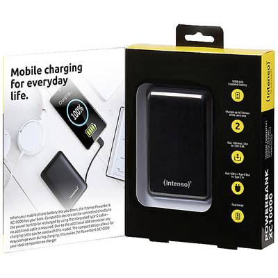 Schwarze Intenso Powerbank in Verpackung. Text: 'Mobile charging for everyday life.' Bild zeigt Powerbank mit Geräten verbunden.