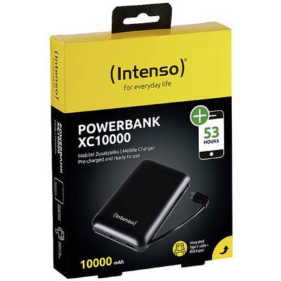 Ein Intenso Powerbank-Modell 'XC10000' mit 10000 mAh Kapazität. Verpackung hervorhebt: 53 Stunden extra Strom, integriertes Kabel.