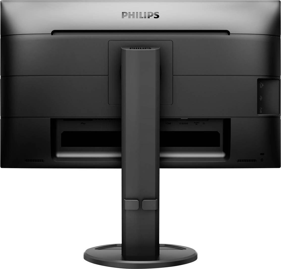 Rückseite eines schwarzen Philips-Monitors mit Standfuß, zeigt Anschlüsse und Stromkabelanschluss.