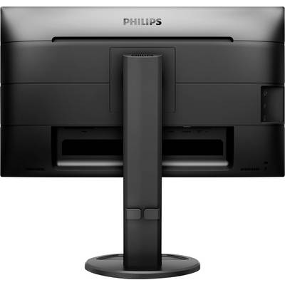 Rückseite eines schwarzen Philips-Monitors mit Standfuß, zeigt Anschlüsse und Stromkabelanschluss.