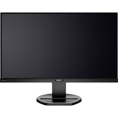 Ein schwarzer Computerbildschirm von Philips. Frontalansicht, ausgeschaltet, vor einem neutralen Hintergrund.