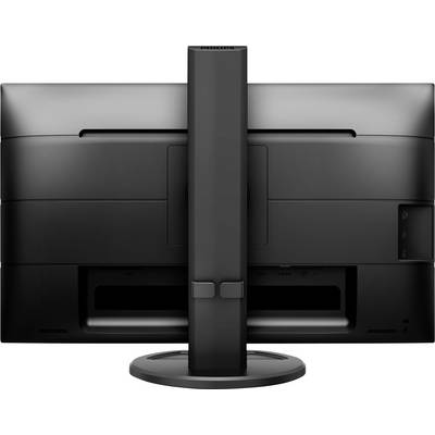 Rückseite eines schwarzen Computermonitors mit breitem Standfuß und höhenverstellbarer Säule.