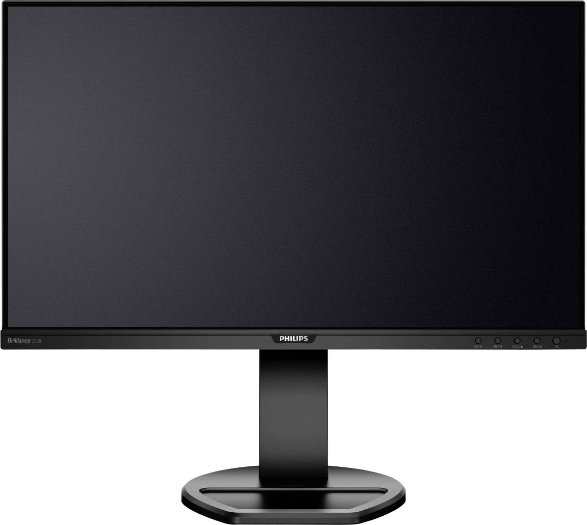 Ein schwarzer Flachbildschirm-Monitor mit schmalem Rahmen und rundem Standfuß, Marke Philips, auf weißem Hintergrund.