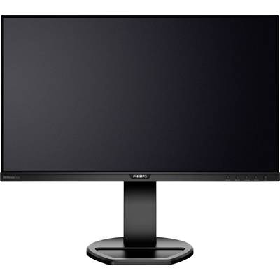 Ein schwarzer Flachbildschirm-Monitor mit schmalem Rahmen und rundem Standfuß, Marke Philips, auf weißem Hintergrund.