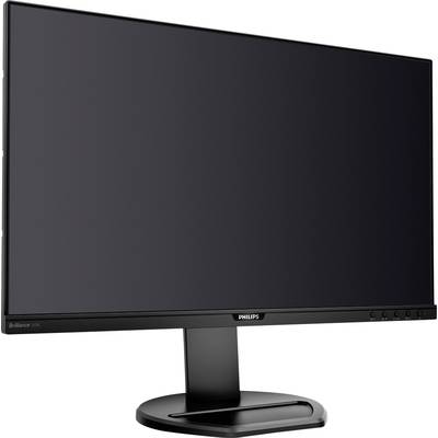 Ein schwarzer Flachbildschirm-Monitor auf einem Standfuß. Marke 'Philips'.