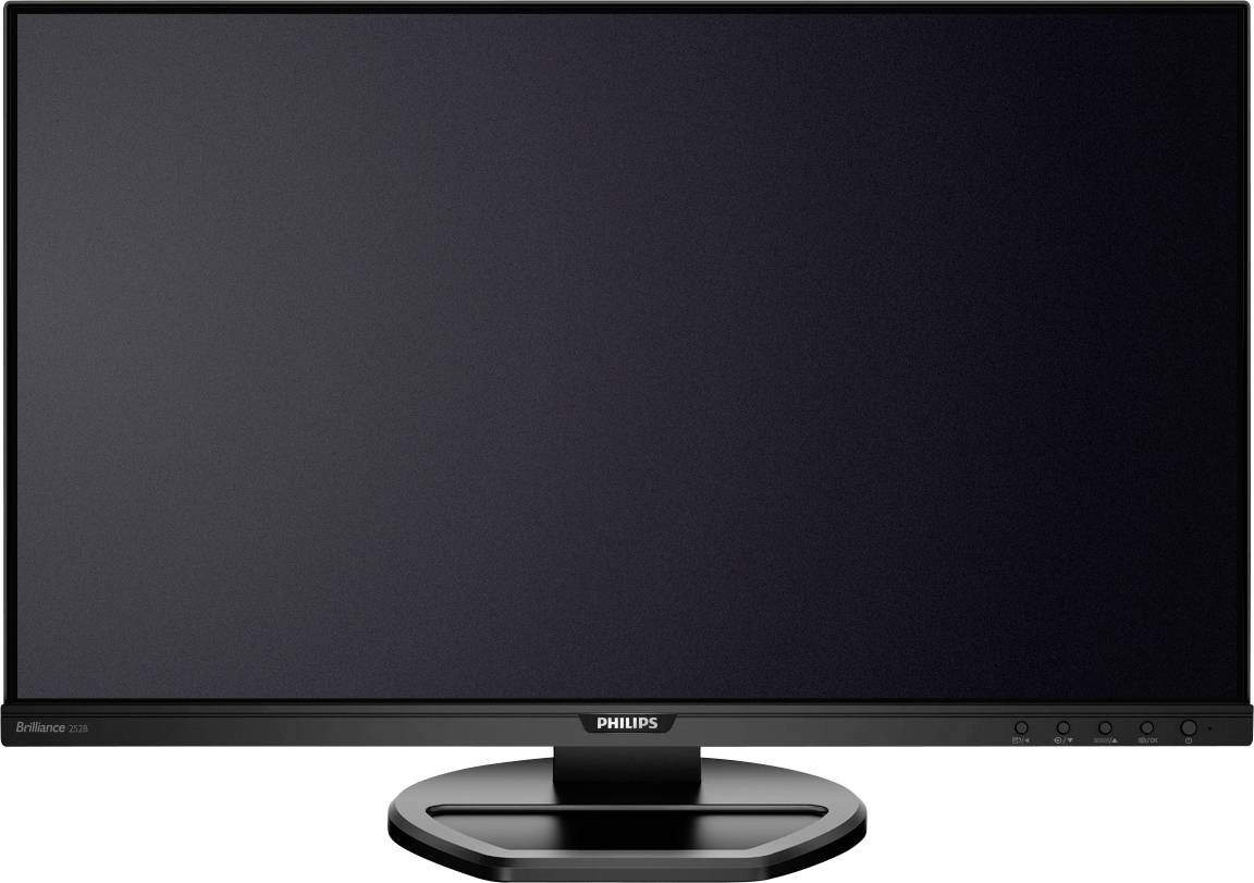 Ein schwarzer Philips-Monitor vor einem weißen Hintergrund, eingeschaltet, zeigt jedoch keinen Inhalt auf dem Bildschirm.