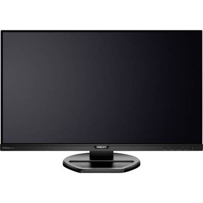 Ein schwarzer Philips-Monitor vor einem weißen Hintergrund, eingeschaltet, zeigt jedoch keinen Inhalt auf dem Bildschirm.