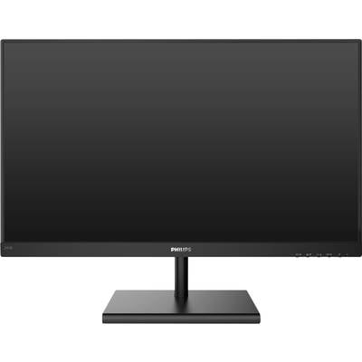 Flacher Computerbildschirm von Philips mit schwarzem Rahmen, mittig ein- und ausschaltbar, auf einem rechteckigen Standfuß.