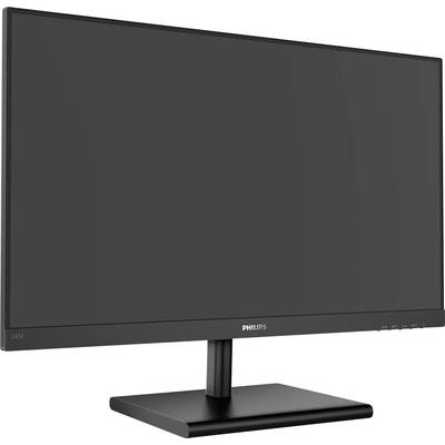 Ein schwarzer Computermonitor mit schlankem Design, Standfuß, und Tasten auf der rechten unteren Seite der Rahmen.