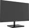 Ein schwarzer Computermonitor mit schlankem Design, Standfuß, und Tasten auf der rechten unteren Seite der Rahmen.