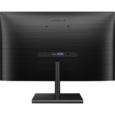Rückansicht eines schwarzen Monitors mit Anschlüssen: HDMI, VGA, USB-C. Der Markenname ist oben in der Mitte sichtbar.