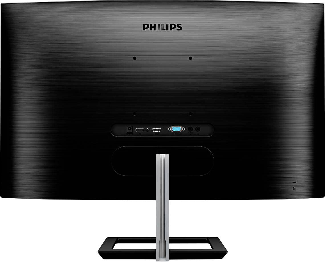 Rückseite eines schwarzen Philips-Monitors mit Anschlüssen: HDMI, DisplayPort und VGA. Schlichtes Design mit metallischem Standfuß.