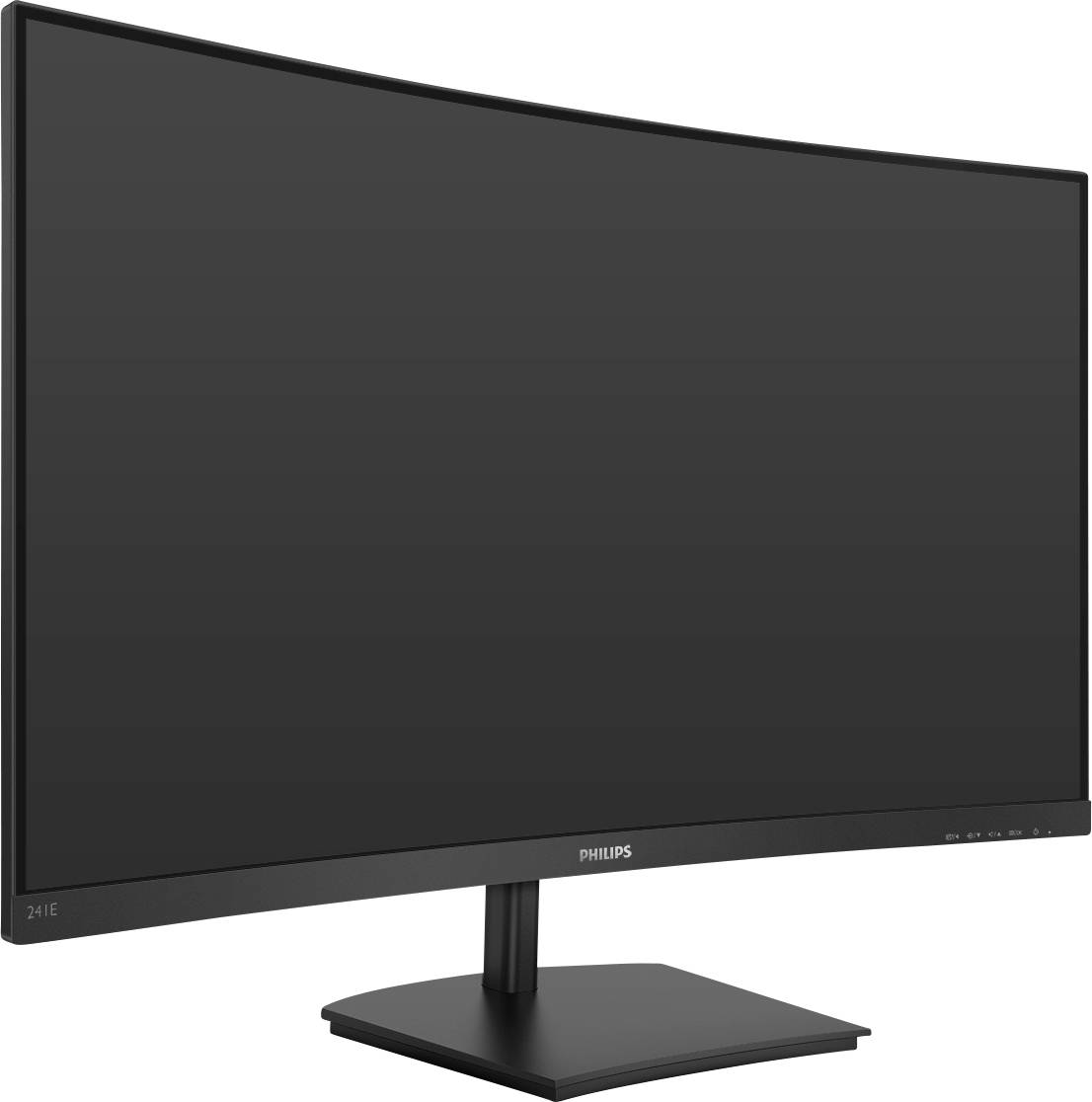 Ein gebogener Computerbildschirm von Philips, Modell 241E, auf einem schwarzen Ständer.