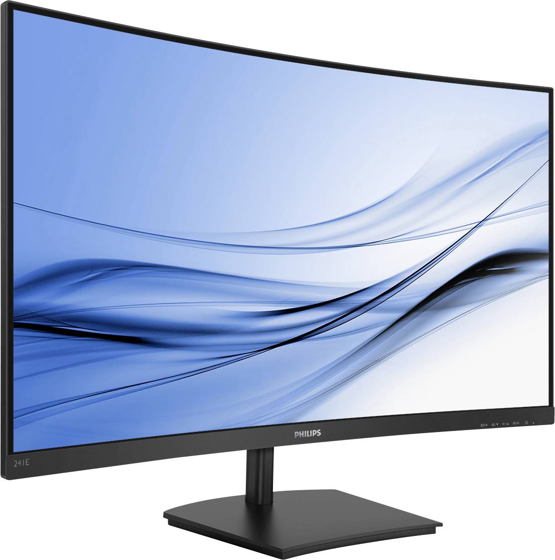 Ein gebogener Computerbildschirm von Philips mit einem abstrakten, blauen Hintergrundmuster auf dem Display.