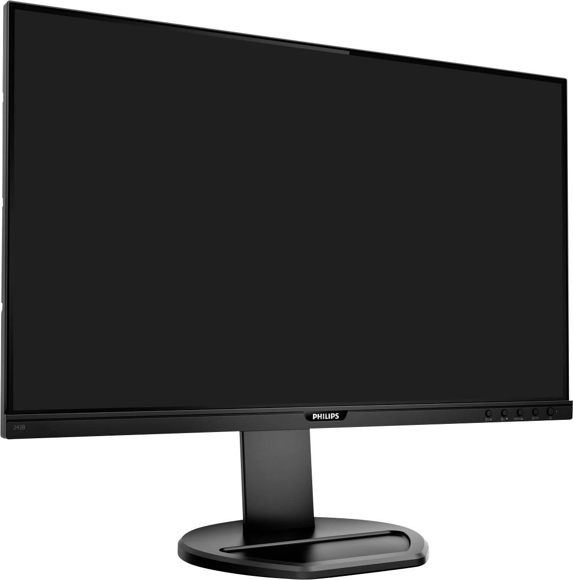 Ein schwarzer Philips-Monitor mit schlankem Rahmen und mattem Bildschirm auf einem stabilen Standfuß.